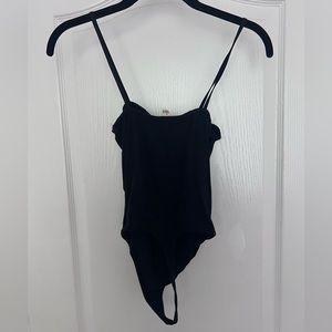 Open Edit Black Ribbed Thong Bodysuit SZ S